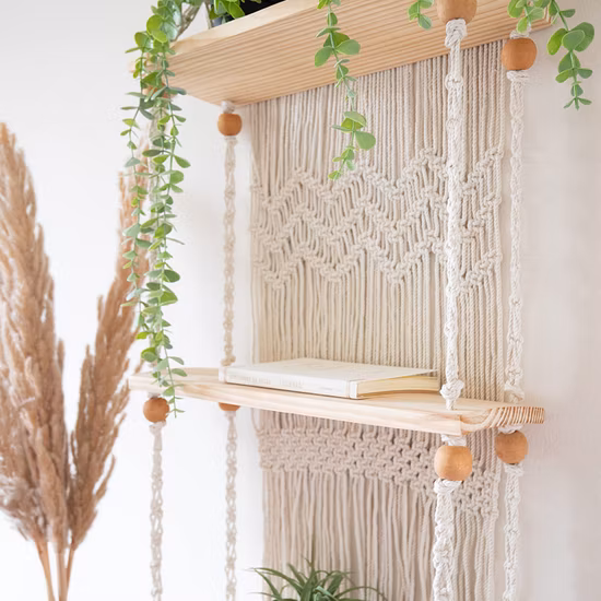 Fatto a mano Boho in legno da appendere alla parete, organizer a 3 livelli, portaoggetti galleggiante, decorazione per la casa in corda intrecciata