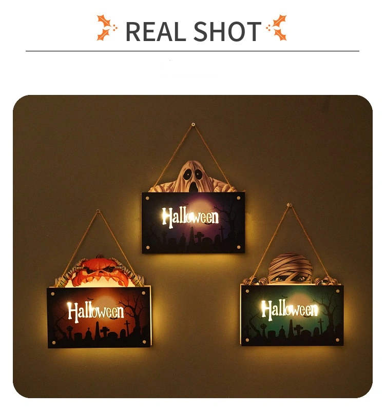 Wood Halloween Plaque Lights Scary Atmosphere Decorative Lantern Halloween Decorative Lighting Home Garden Decoration