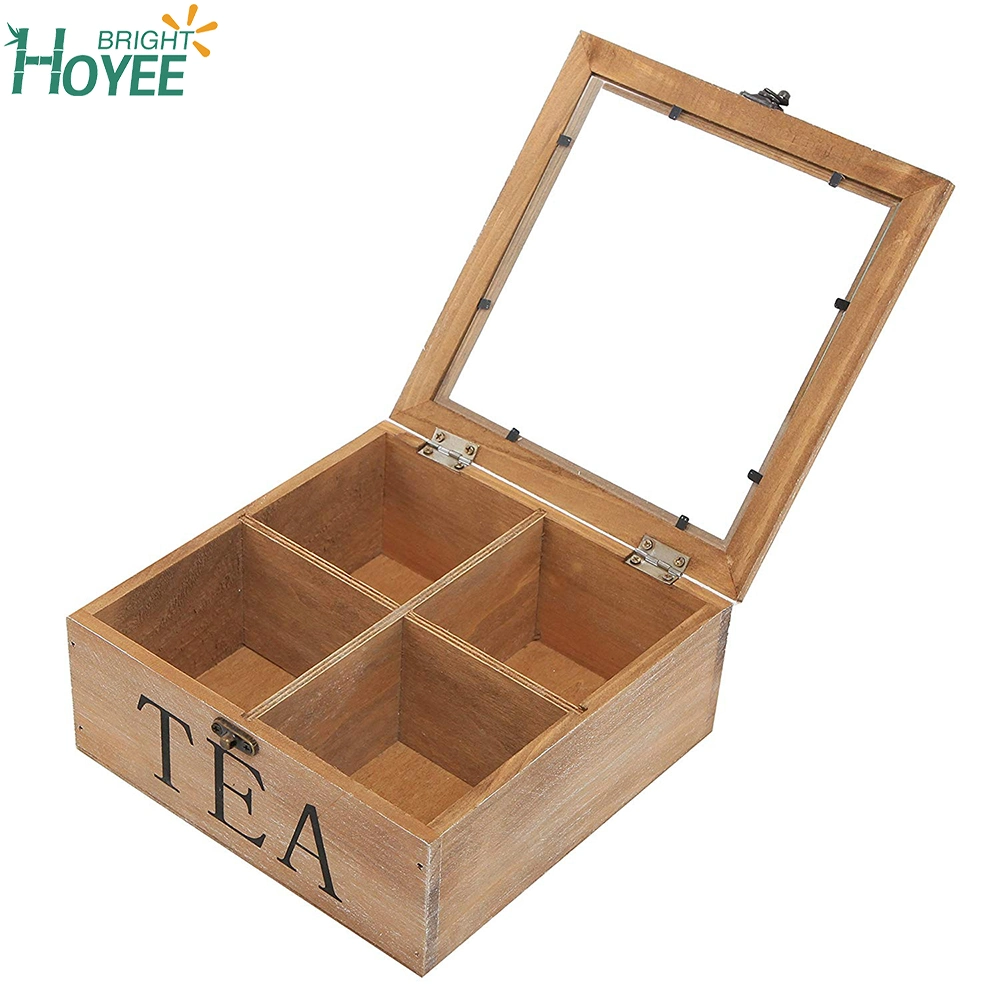 Cheap Rustic Wood Tea Box with Clear Lid Brown