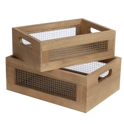 Set di 2 cestini impilabili in legno, scatole organizer per cucina, bagno, frutta e verdura