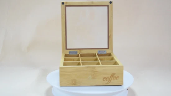 Scatola per esposizione personalizzata del tè in bambù, scatola per imballaggio del caffè in legno, scatola per imballaggio in legno con finestra in vetro