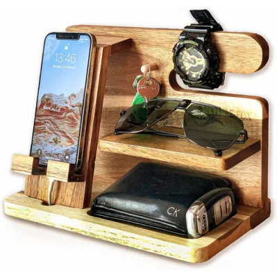 Docking station in legno, porta cellulare, stazione di ricarica, organizer da scrivania, comodino, portafoglio, chiavi, orologio intelligente, occhiali da sole, portaoggetti, cassettiera