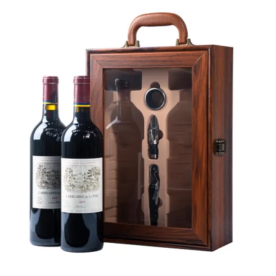 Set regalo premium, scatole di presentazione del vino in legno, scatola di legno di presentazione della bottiglia doppia